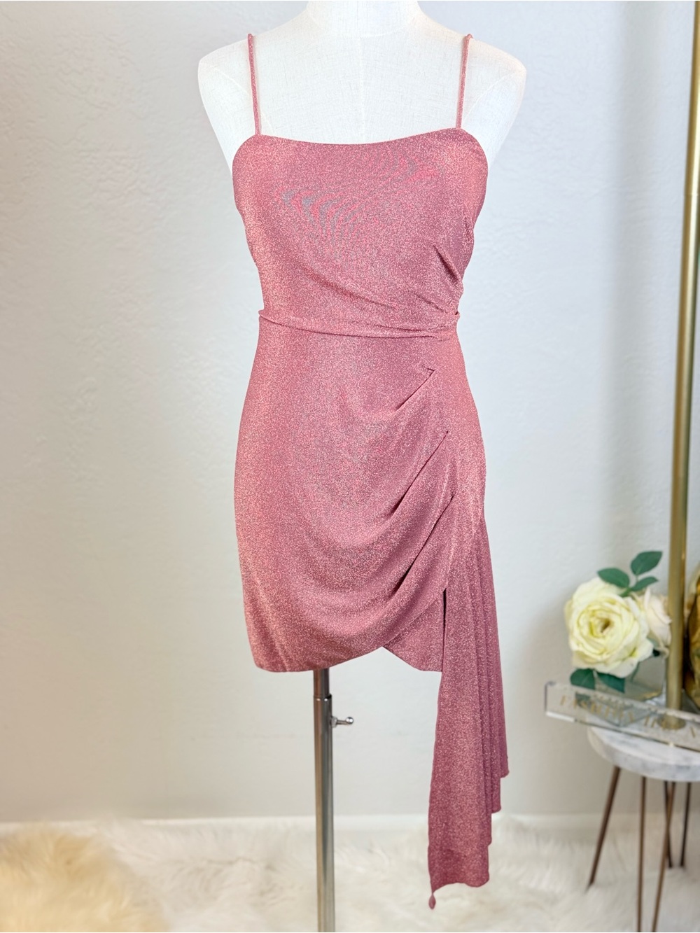 Saylor Jaine Peach Metallic Lurex Mini Dress Quiet Luxury Coastal Cocktail M